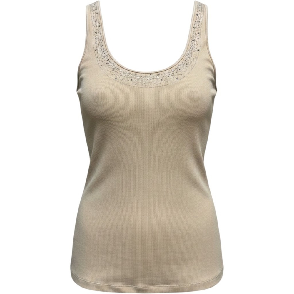 Vintage Express Tank Top Women Size L Beige Sequin Ribbed Pima Cotton Minimalist